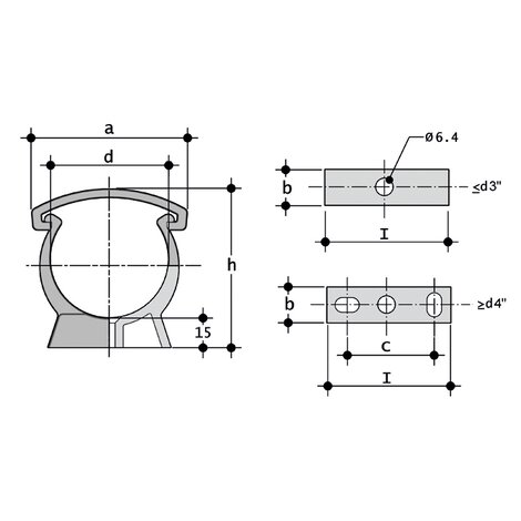 Disegno quotato del supporto ZAKM per tubo ASTM in PP