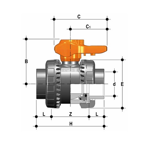 Disegno tecnico della valvola a sfera VXEI, VXEL, VXEA DN 10:50