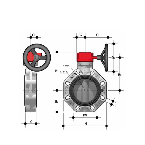 Disegno tecnico della valvola a farfalla  FKO /RM DN 40:400