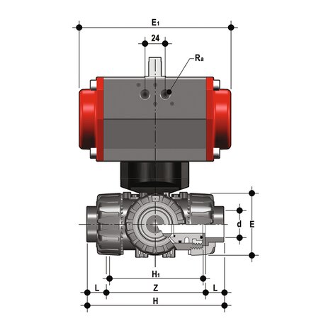LKDLV/CP SA - ZAWÓR KULOWY 3-DROŻNY DUAL BLOCK® Z SIŁOWNIKIEM PNEUMATYCZNYM