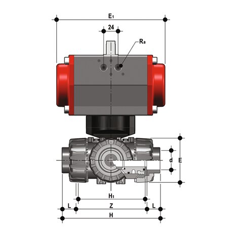 LKDLV/CP DA - ZAWÓR KULOWY 3-DROŻNY DUAL BLOCK® Z SIŁOWNIKIEM PNEUMATYCZNYM