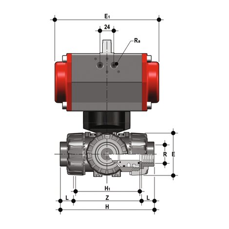 LKDFV/CP DA - ZAWÓR KULOWY 3-DROŻNY DUAL BLOCK® Z SIŁOWNIKIEM PNEUMATYCZNYM