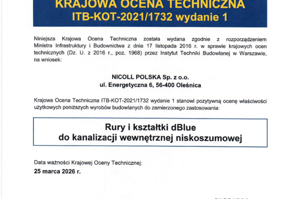 Kanalizacja niskoszumowa dBlue - Krajowa Ocena Techniczna