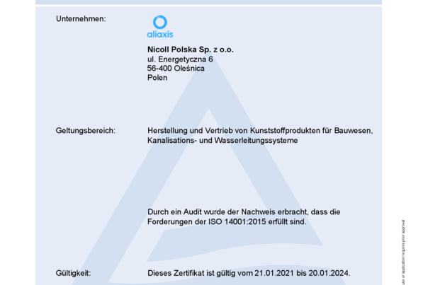 Certyfikat ISO 14001:2015 DE