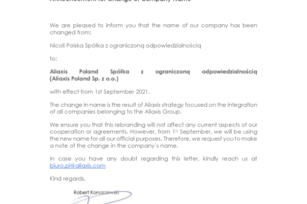 Change of Comapny Name to Aliaxis Poland Sp. z o.o.