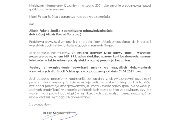 Zmiana nazwy spółki na Aliaxis Poland Sp.z o.o.