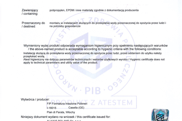 Atest higieniczny - PP-H Astore