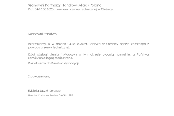 Informacja o działalności operacyjnej Aliaxis Poland w dniach 4-18.08.2025