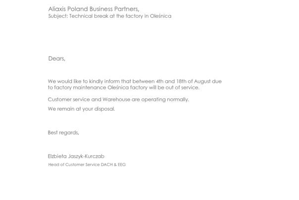Information on the operating activities of Aliaxis Poland between August 4th and the 18th, 2025