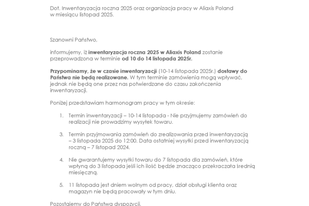Inwentaryzacja roczna - Aliaxis Poland