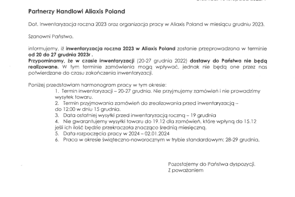 Inwentaryzacja roczna - Aliaxis Poland